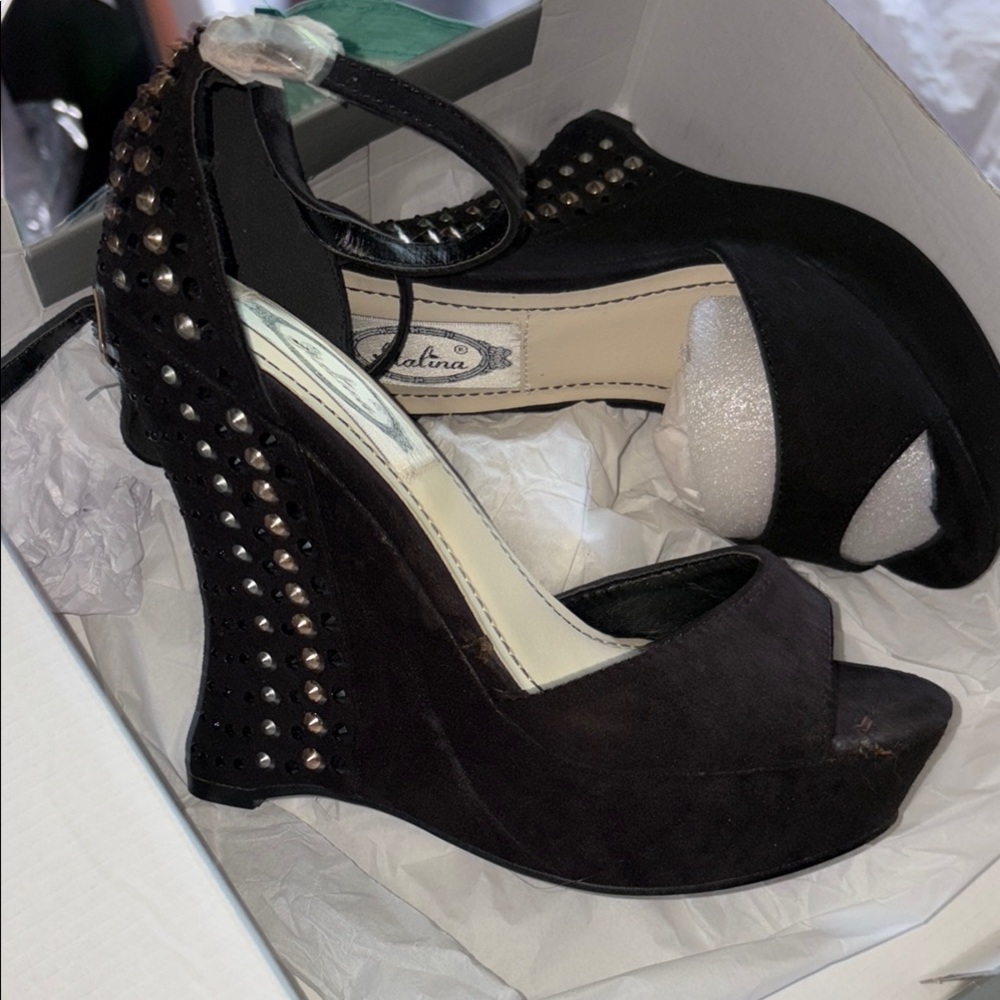 Italina Black Studded Wedge Shoes